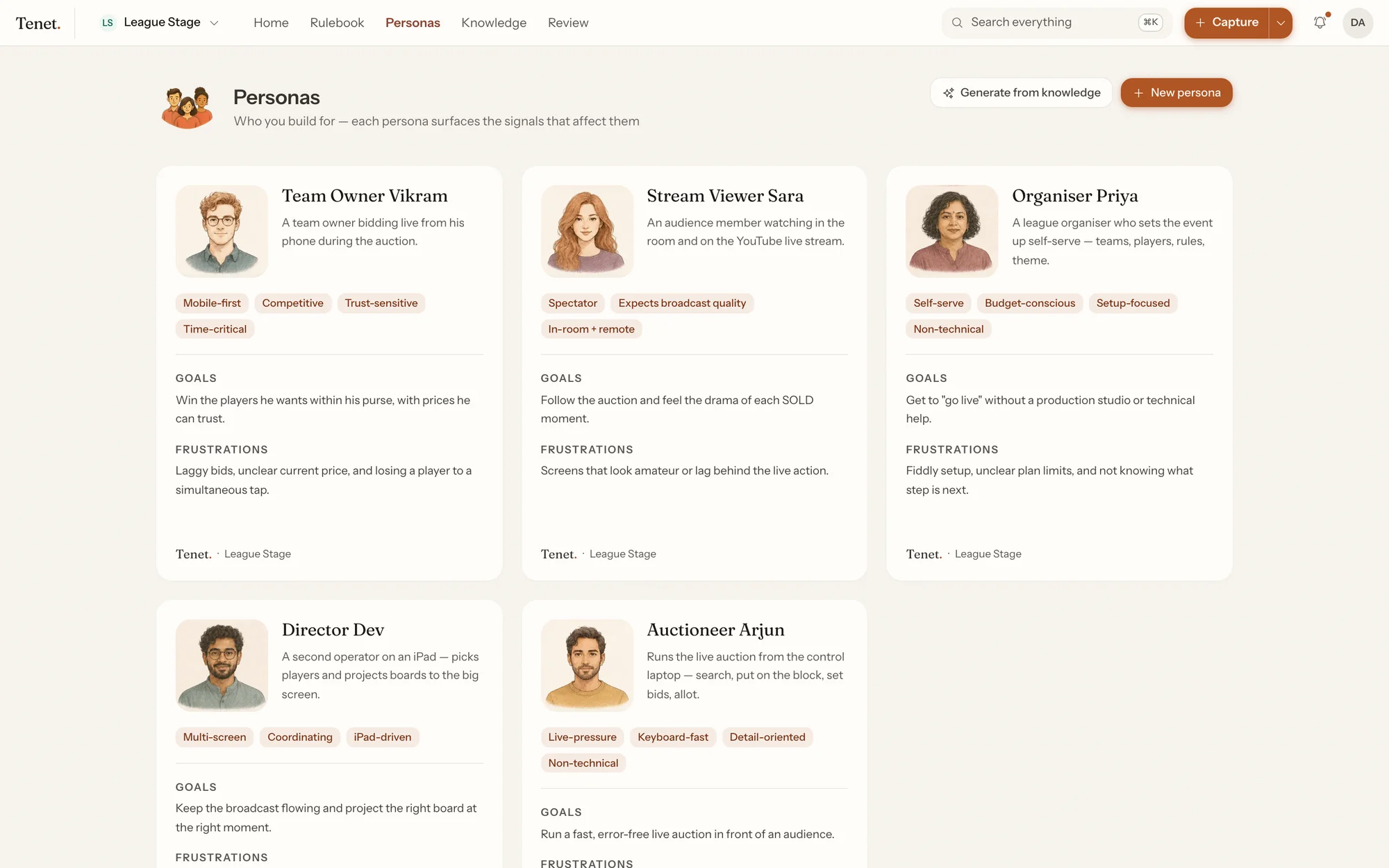 Five personas in Tenet, each with a portrait, traits, goals and frustrations.
