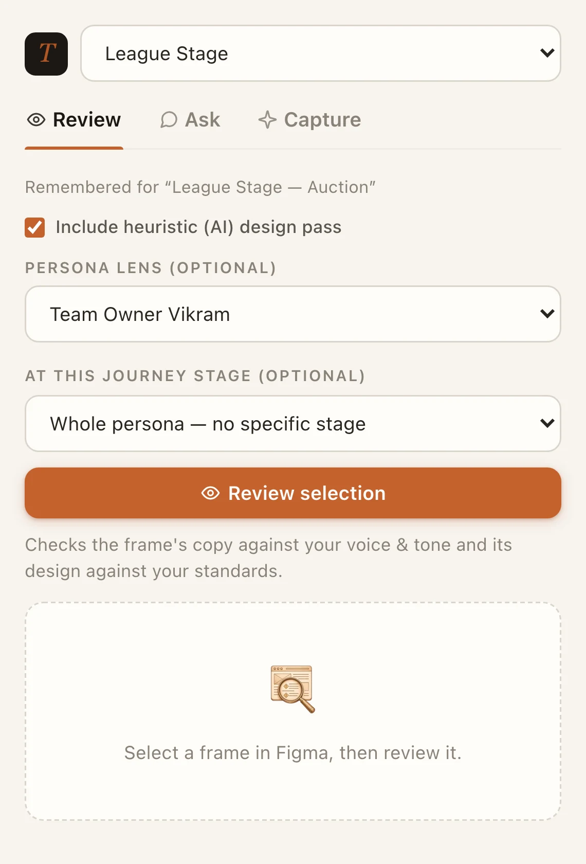 The Tenet plugin inside Figma: workspace picker, Review/Ask/Capture tabs, a persona lens and a journey stage picker above a Review selection button.