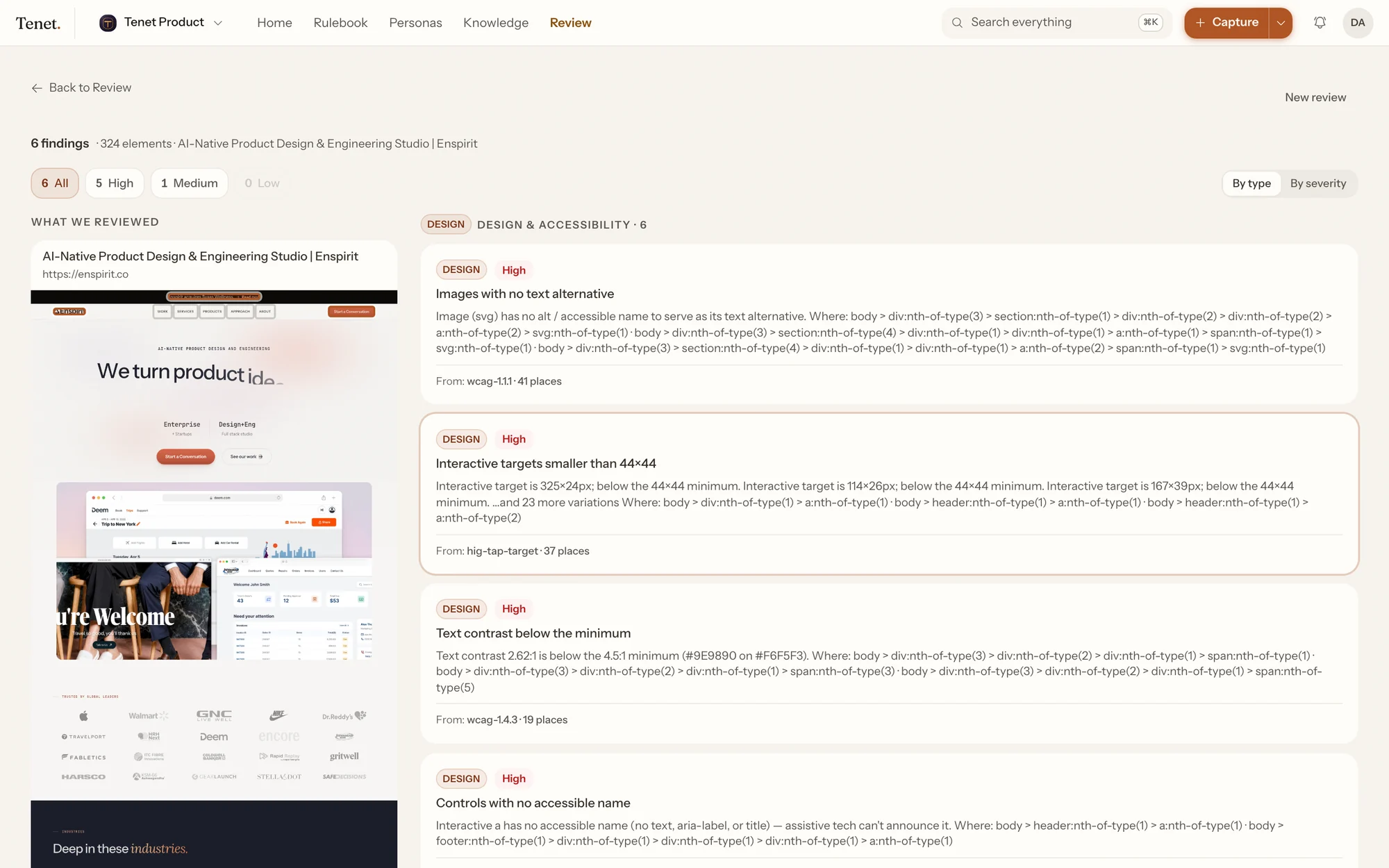 Tenet's review results: a full-page screenshot with findings outlined on it, and the findings grouped by rule alongside.